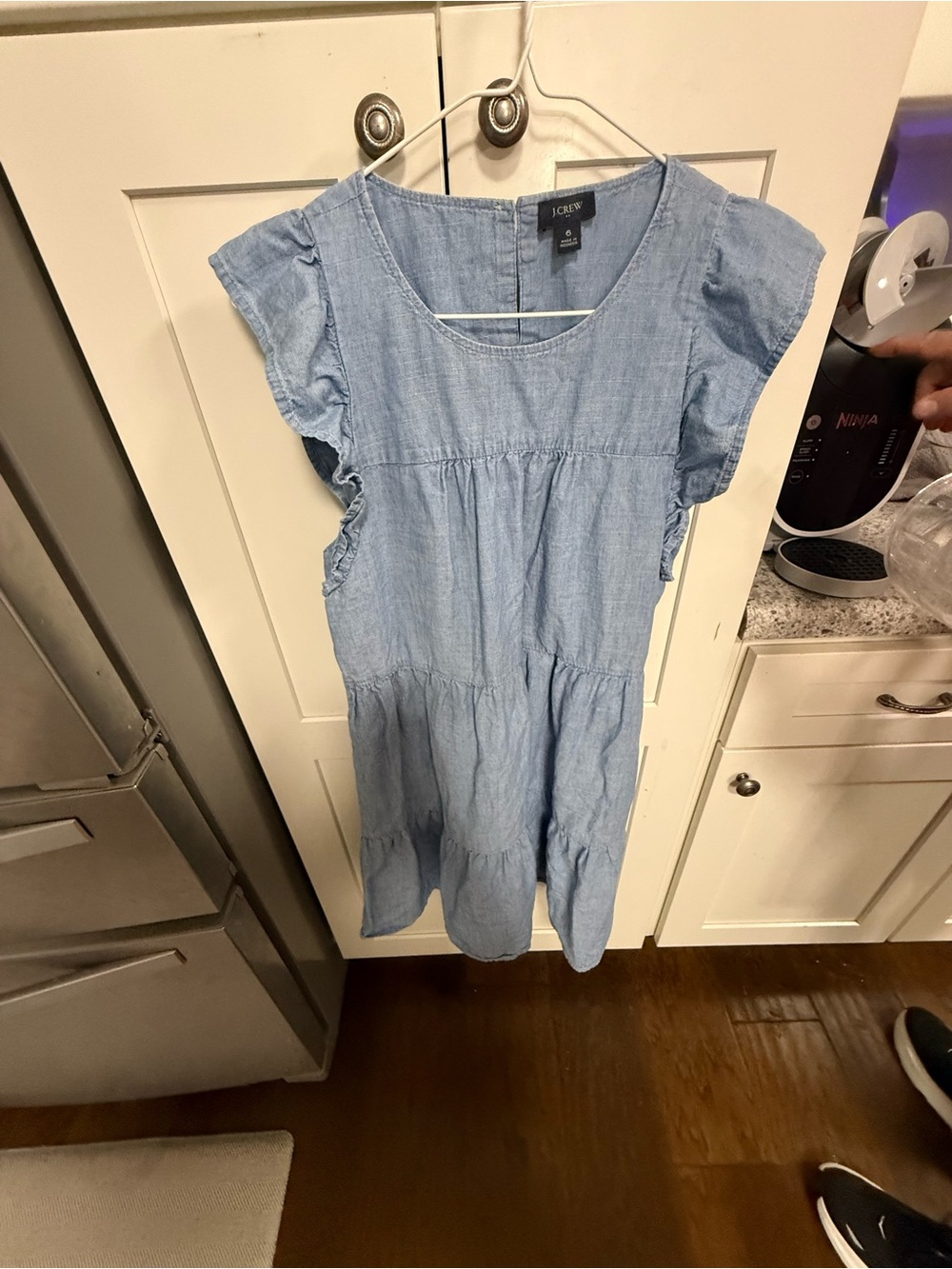 J. Crew Light Blue Chambray Tiered Flutter Sleeve Dress